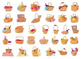 cesta de picnic, conjunto de iconos de estilo de dibujos animados
