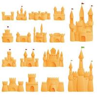 Castle sand icons set, cartoon style vector