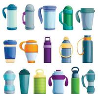 Vacuum insulated water bottle icons set, cartoon style vector