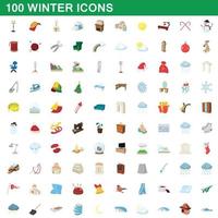 100 iconos de invierno, estilo de dibujos animados vector