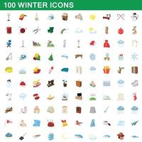 100 winter icons set, cartoon style vector