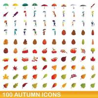 100 iconos de otoño, estilo de dibujos animados vector