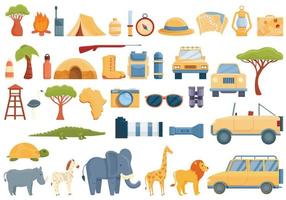 Conjunto de iconos de safari en jeep, estilo de dibujos animados