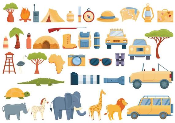  Conjunto de iconos de safari en jeep, estilo de dibujos animados   Vector en Vecteezy