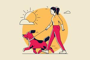 niña corriendo con perro en vector de puesta de sol