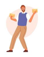 Happy man holding envelopes. Concept of email message sending and receiving. Flat vector illustration.