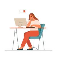 Professional burnout syndrome. Tired woman sitting at table with laptop in office. Flat vector illustration.