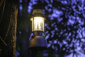 lámpara de aceite antigua colgada de un árbol en el bosque en la atmósfera de campamento de la noche. imagen del concepto de viaje al aire libre. enfoque suave. foto