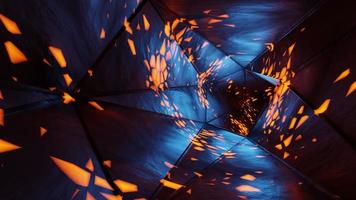túnel geométrico infinito con partículas de manchas naranjas brillantes. fondo de tecnología cibernética. ilustración 3d foto