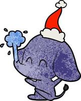 cute textured cartoon of a elephant spouting water wearing santa hat vector