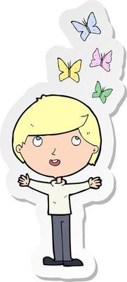 sticker of a cartoon man and butterflies