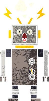 retro illustration style cartoon malfunctioning robot