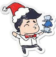 christmas distressed sticker cartoon of kawaii boy vector