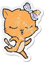 distressed sticker of a cartoon cat with bow on head vector