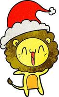 happy textured cartoon of a lion wearing santa hat vector