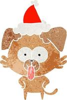 retro cartoon of a dog with tongue sticking out wearing santa hat vector