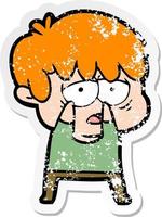 distressed sticker of a cartoon exhausted boy vector