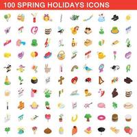 100 spring holidays cons set, isometric 3d style vector