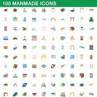 100 manmade icons set, cartoon style vector