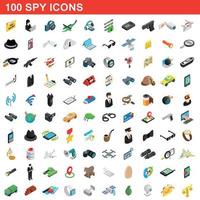 100 spy icons set, isometric 3d style vector