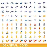 100 animales, conjunto de iconos de estilo de dibujos animados vector