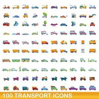 100 transport icons set, cartoon style vector