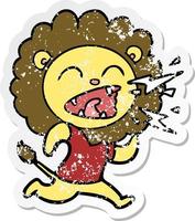 distressed sticker of a cartoon roaring lion vector
