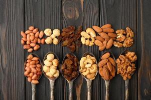 Hazelnut, cashews, raisins, almonds, peanuts, walnuts in silver spoons on a rustic background photo