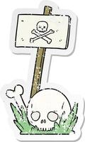 distressed sticker of a cartoon skull bones and warning sign vector