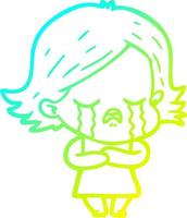 cold gradient line drawing cartoon girl crying vector