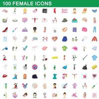 100 female icons set, cartoon style vector