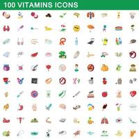 100 vitaminas, conjunto de iconos de estilo de dibujos animados vector