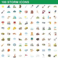 100 storm icons set, cartoon style vector