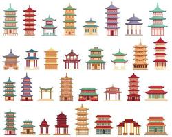 Pagoda icons set cartoon vector. Chinese temple