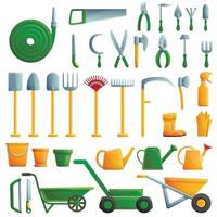 Gardening tools icons set, cartoon style vector