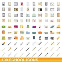 100 escuela, conjunto de iconos de estilo de dibujos animados vector