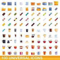 100 universal icons set, cartoon style vector