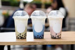 Butterfly pea milk bubble tea with tapioca pearls. photo