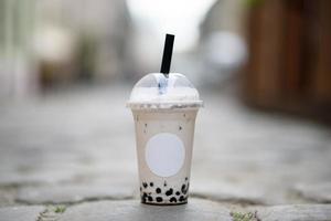 Butterfly pea milk bubble tea with tapioca pearls. photo