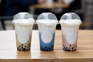 Butterfly pea milk bubble tea with tapioca pearls. photo