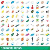 100 naval icons set, isometric 3d style vector