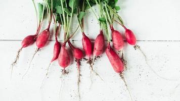 Fresh bunch of radishes on a white wooden background photo