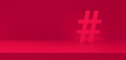 Hashtag symbol red in photography studio background. Trending topics, trends. 3d rendering. photo