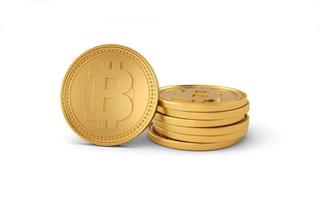 Stack of gold bitcoins isolated on white background. Cryptocurrency business. photo