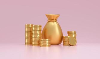 Stack of gold coins and a sack of money on a pink background. abundance concept. photo