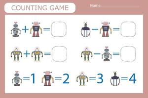 counting game with funny robots . Preschool worksheet, kids activity sheet, printable worksheet