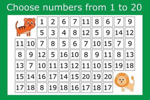 Counting maze for kids. A fun game, a mathematical puzzle with the selection of numbers from 1 to 20 in the correct order vector