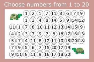 Counting maze for kids. A fun game, a mathematical puzzle with the selection of numbers from 1 to 20 in the correct order vector