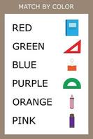 worksheet vector design, challenge to connect the stationery for school with its color. Logic game for children.