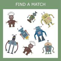 Find a pair or match game with robots.  Worksheet for preschool kids, kids activity sheet, printable worksheet vector